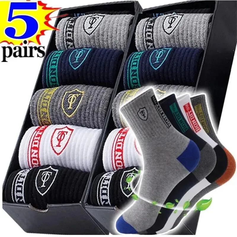 5 Pairs Mens Breathable Cotton Sports Socks Bamboo Fiber Sweat Absorption Deodorant Autumn Winter Business Sox