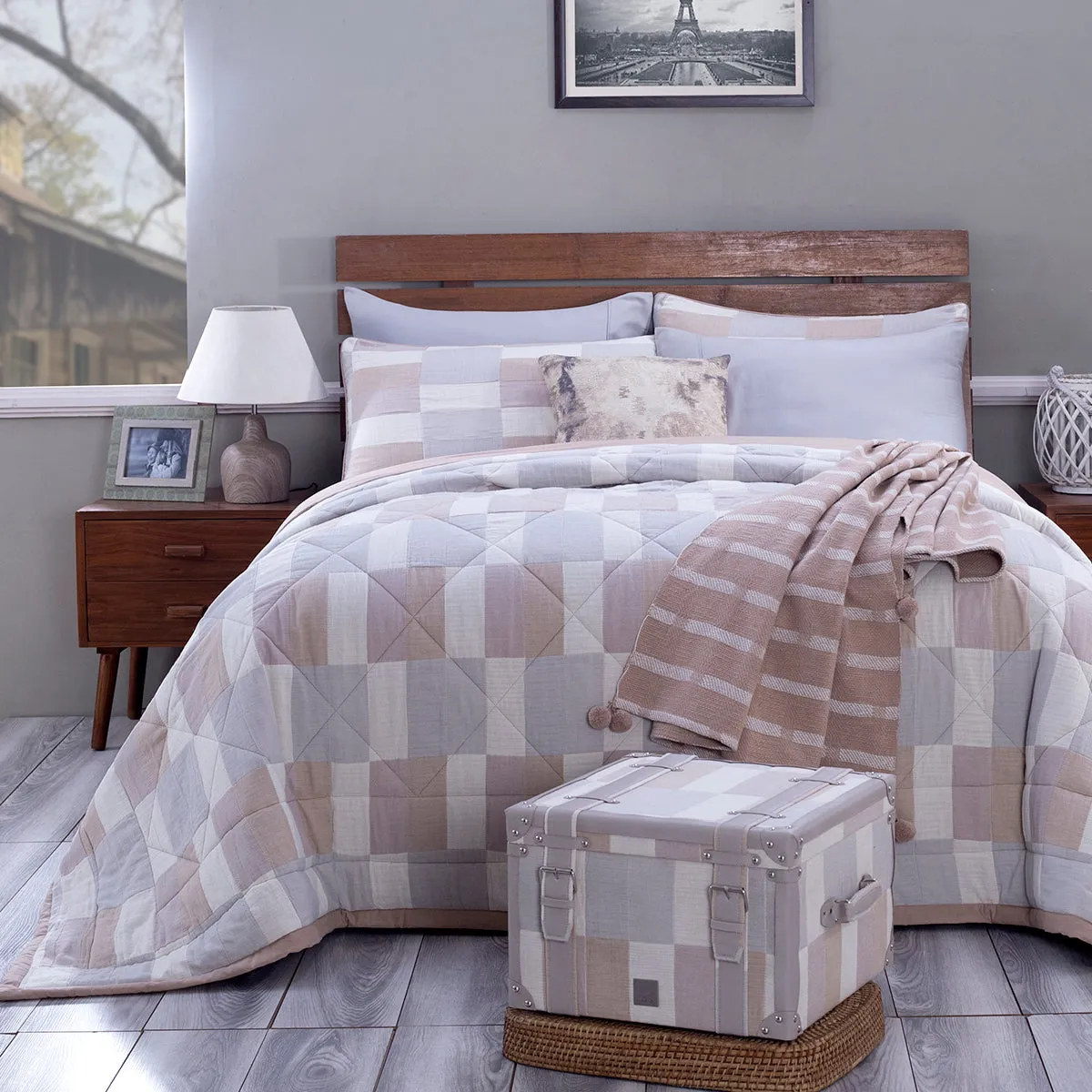 9PC Quilt/Quilted Bed Cover Set Rurban Grandoise Triple Color Neutral