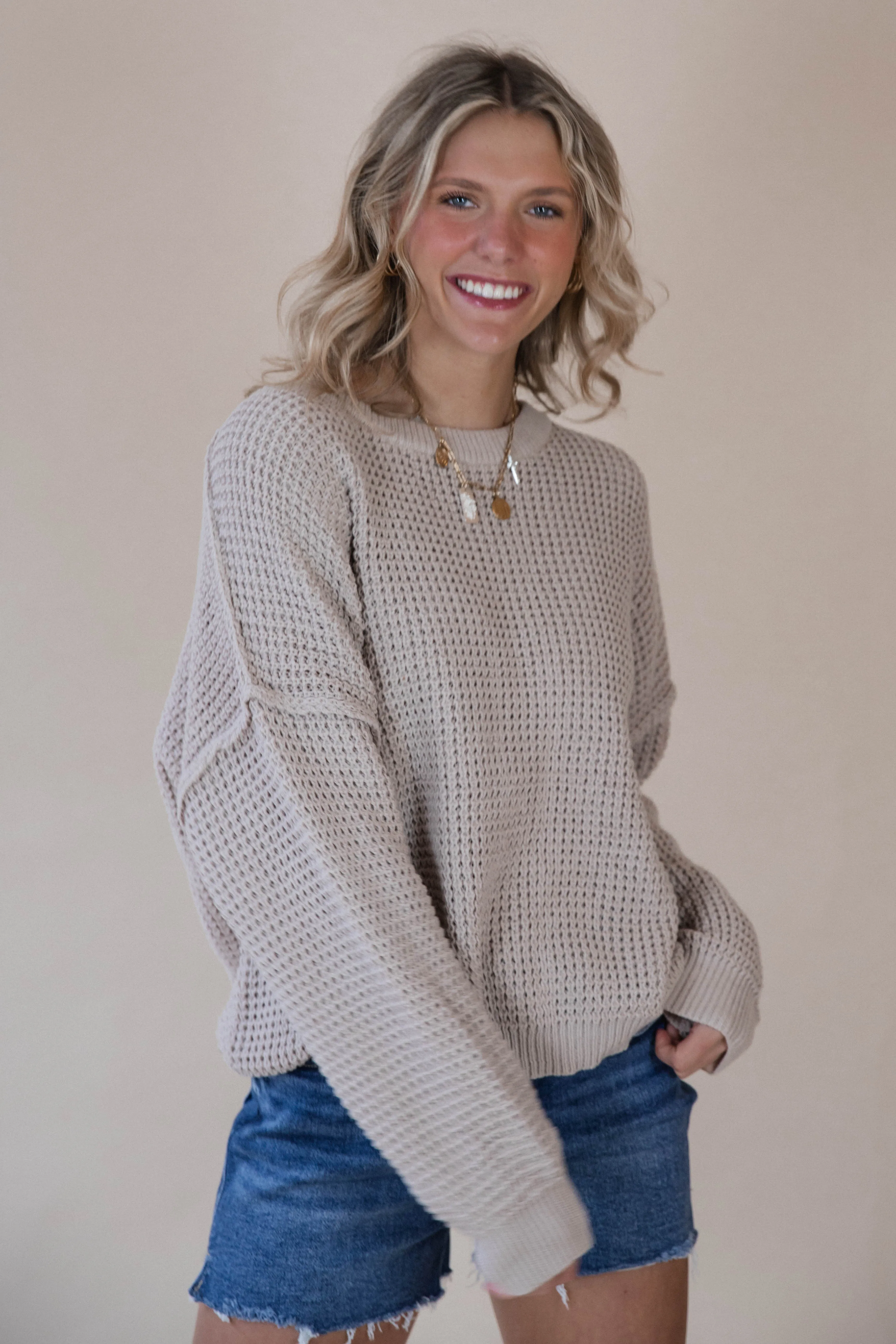 Beige Waffle Knit Sweater