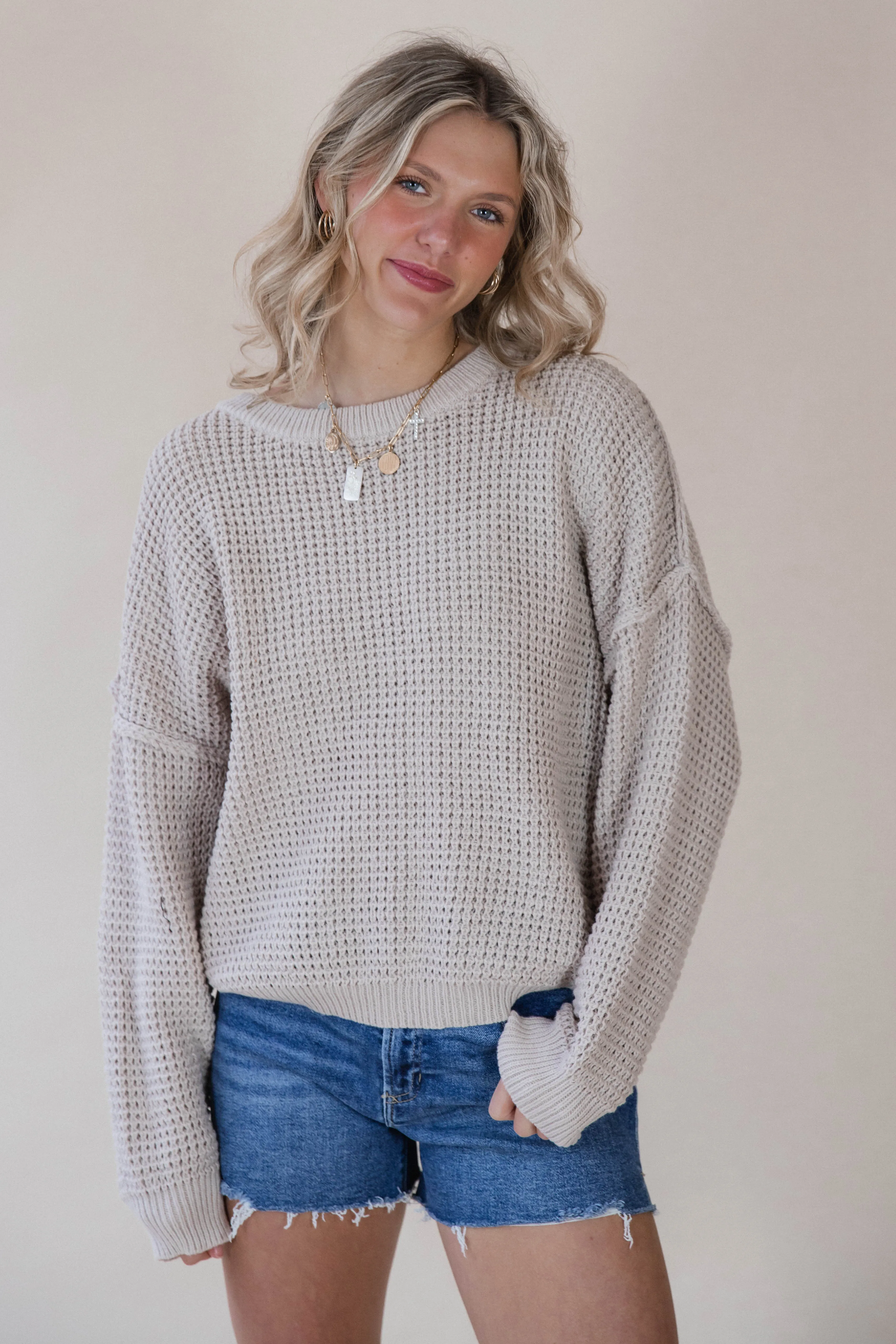 Beige Waffle Knit Sweater