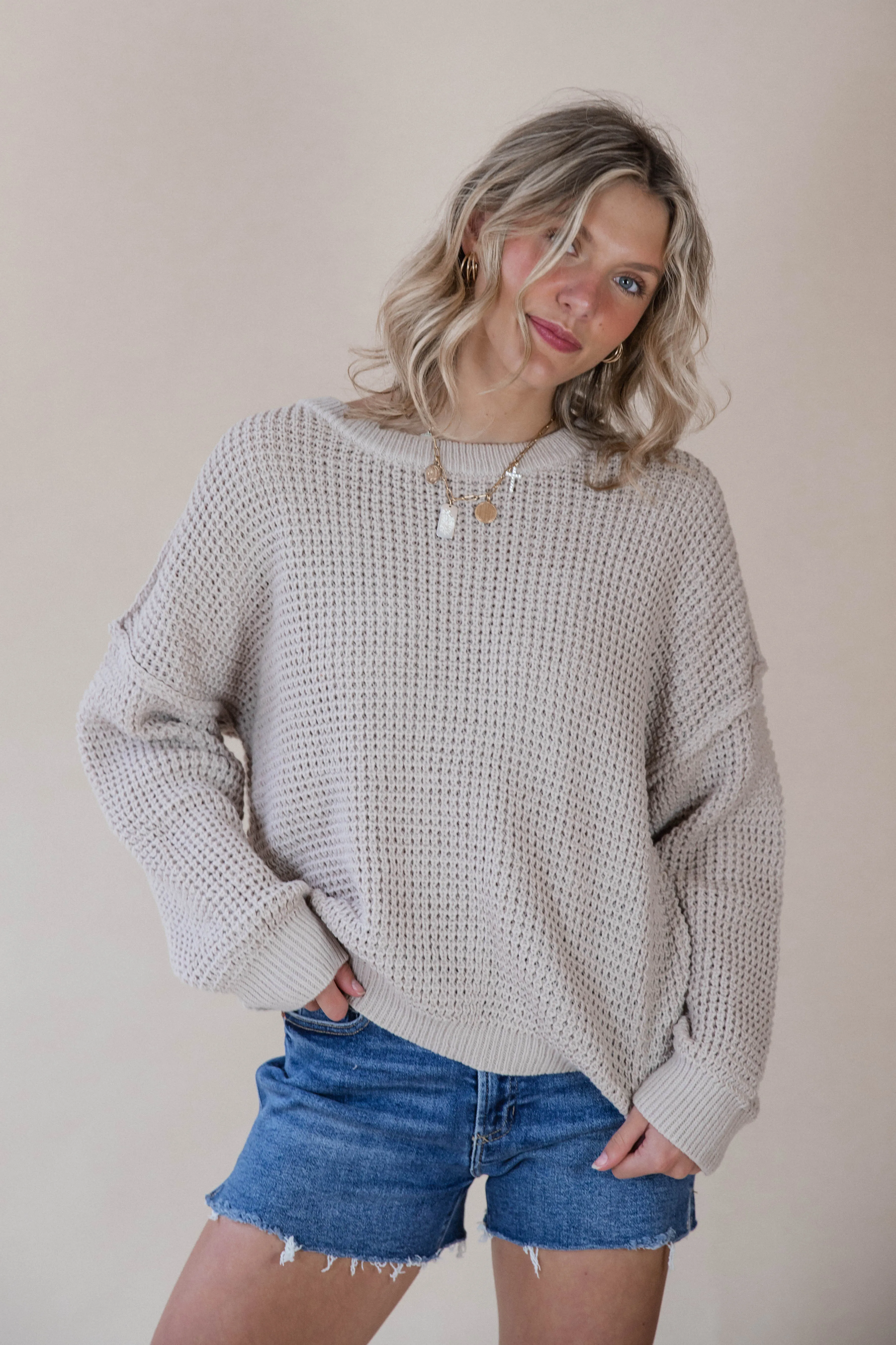 Beige Waffle Knit Sweater
