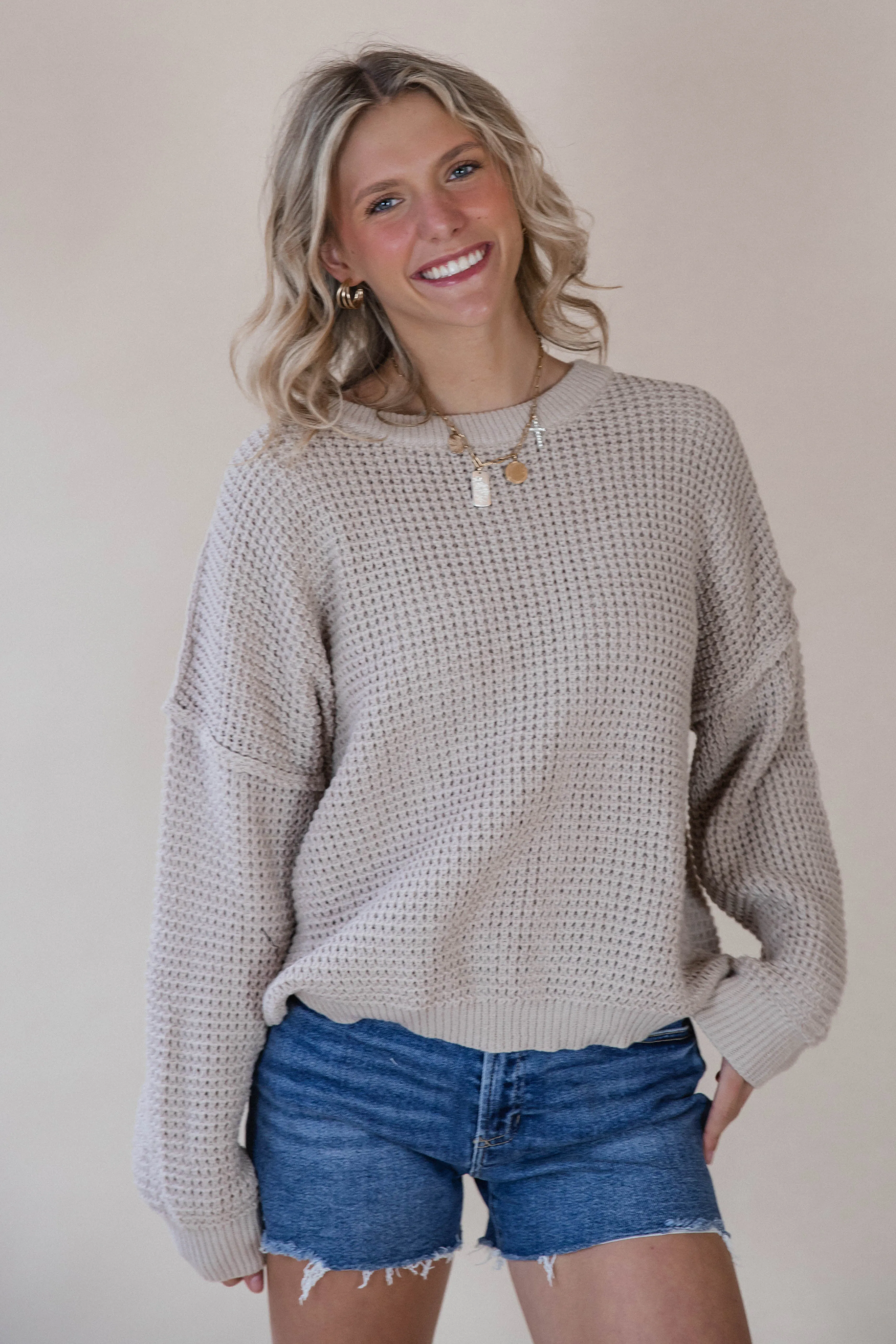 Beige Waffle Knit Sweater