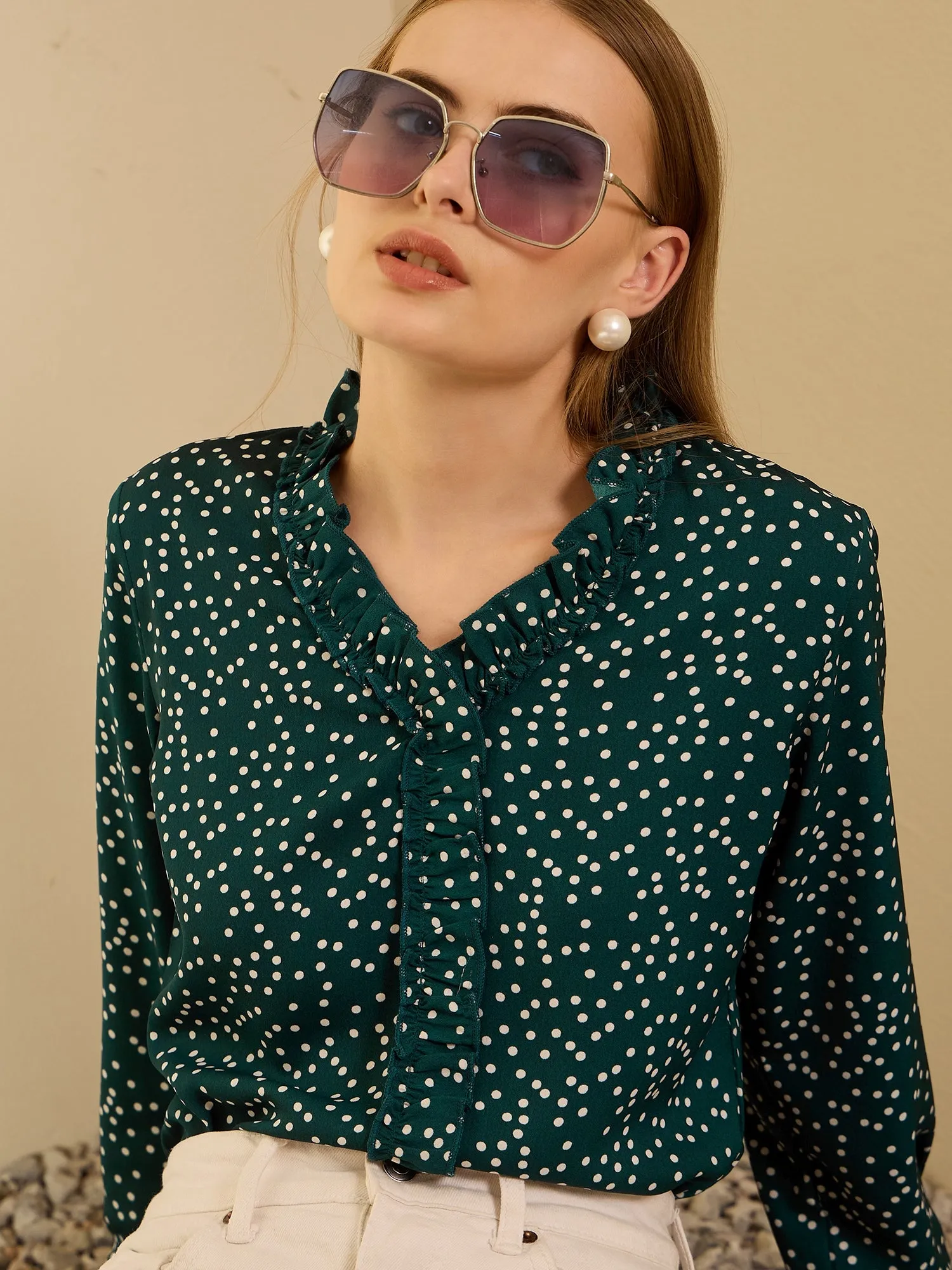 Berrylush Women Green & White Polka Dot Printed V-Neck Long Sleeves Pleated Regular Top