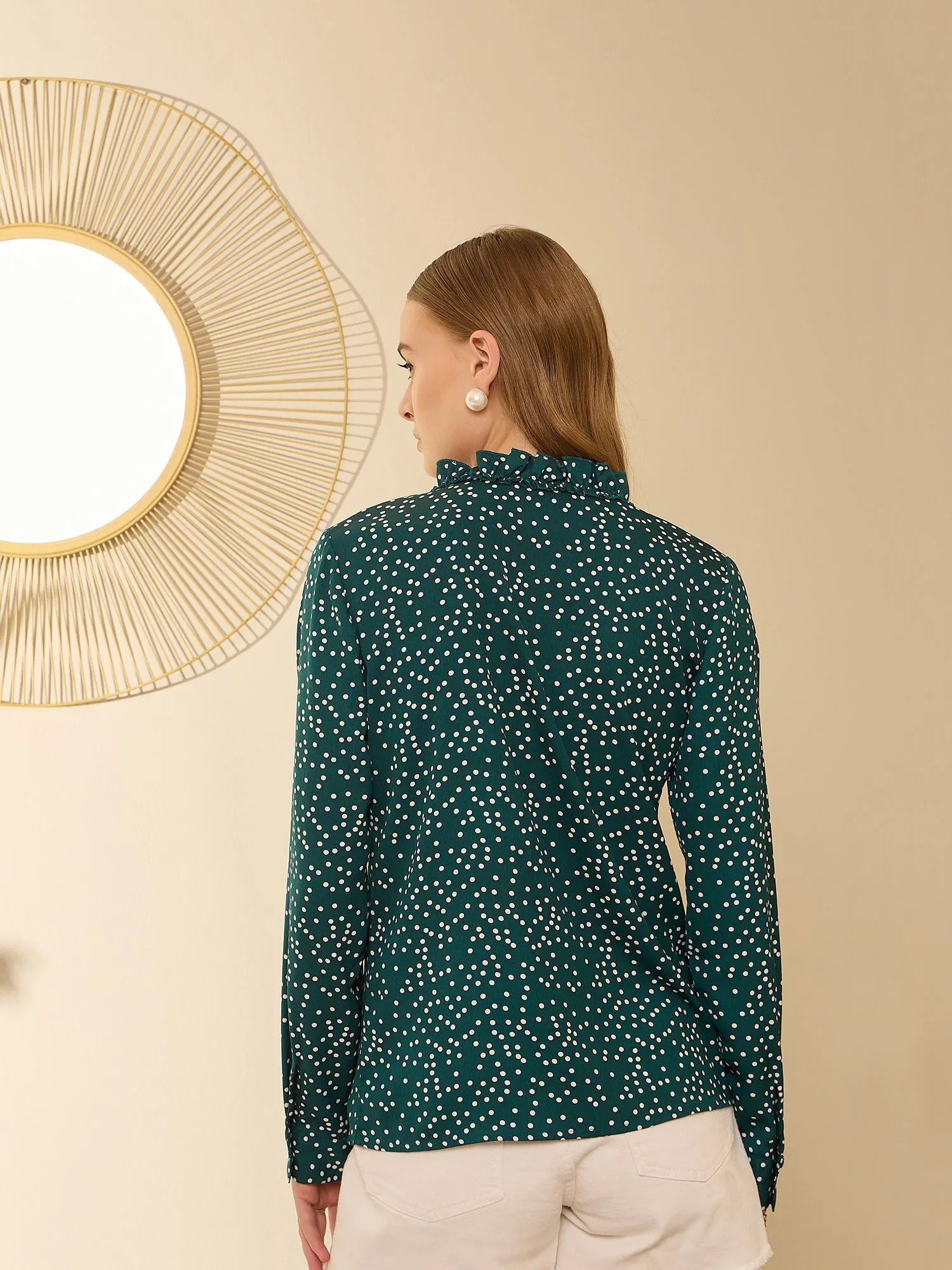 Berrylush Women Green & White Polka Dot Printed V-Neck Long Sleeves Pleated Regular Top