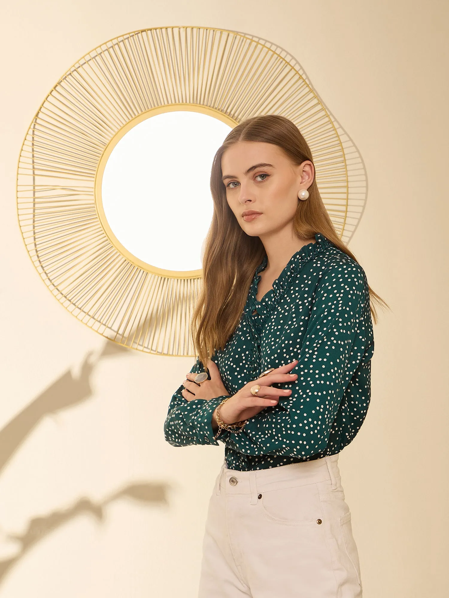Berrylush Women Green & White Polka Dot Printed V-Neck Long Sleeves Pleated Regular Top