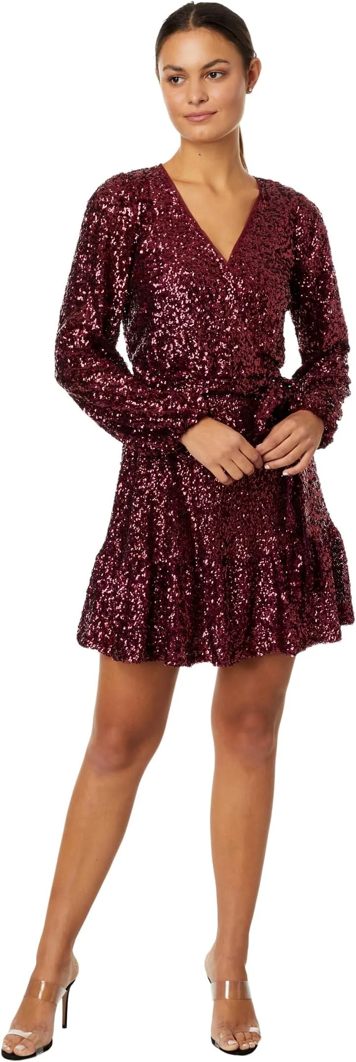 Betsy & Adam Short Sequins with Belt Tie Dress, Sangria