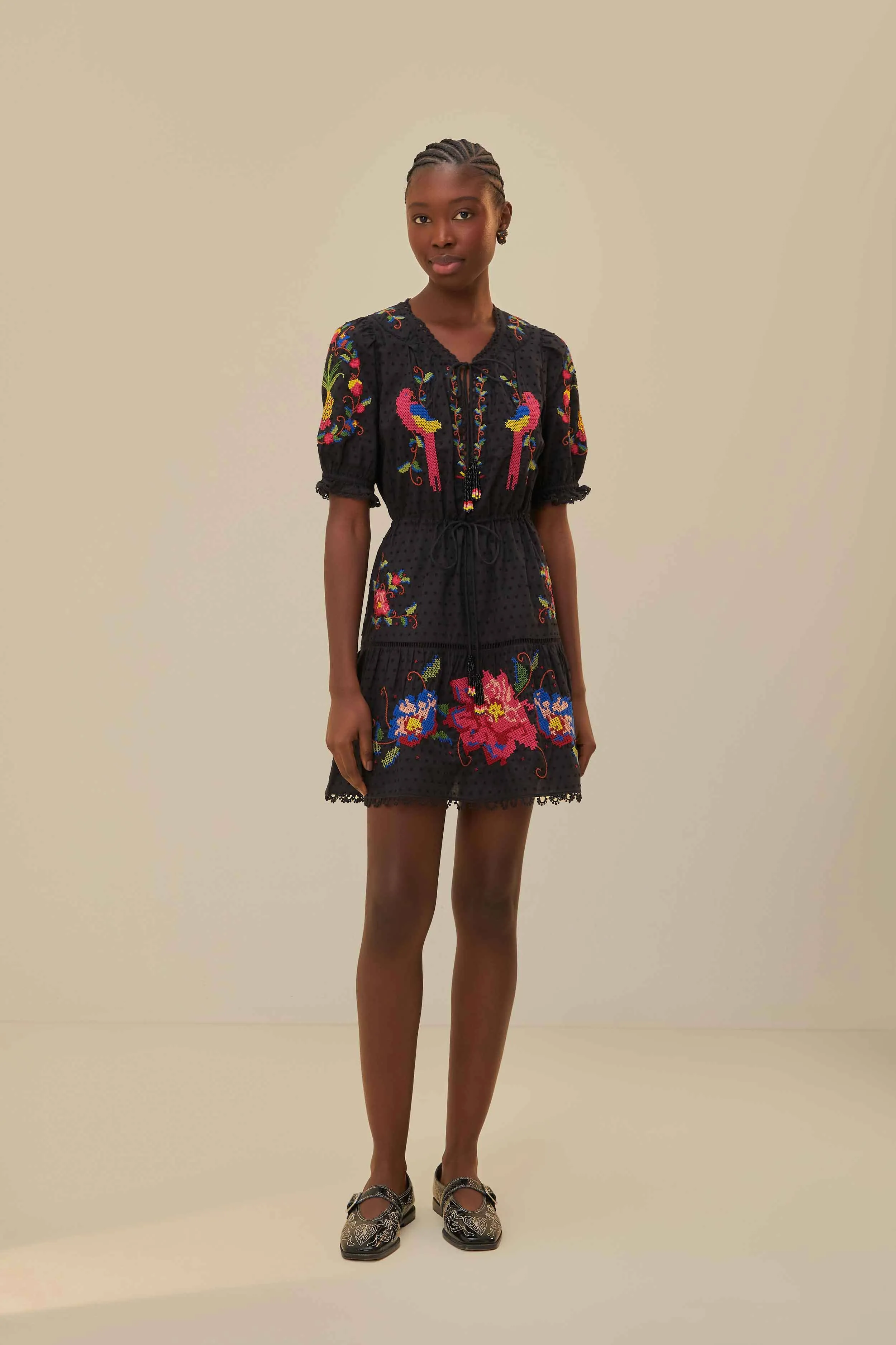 Black Embroidered Mini Dress