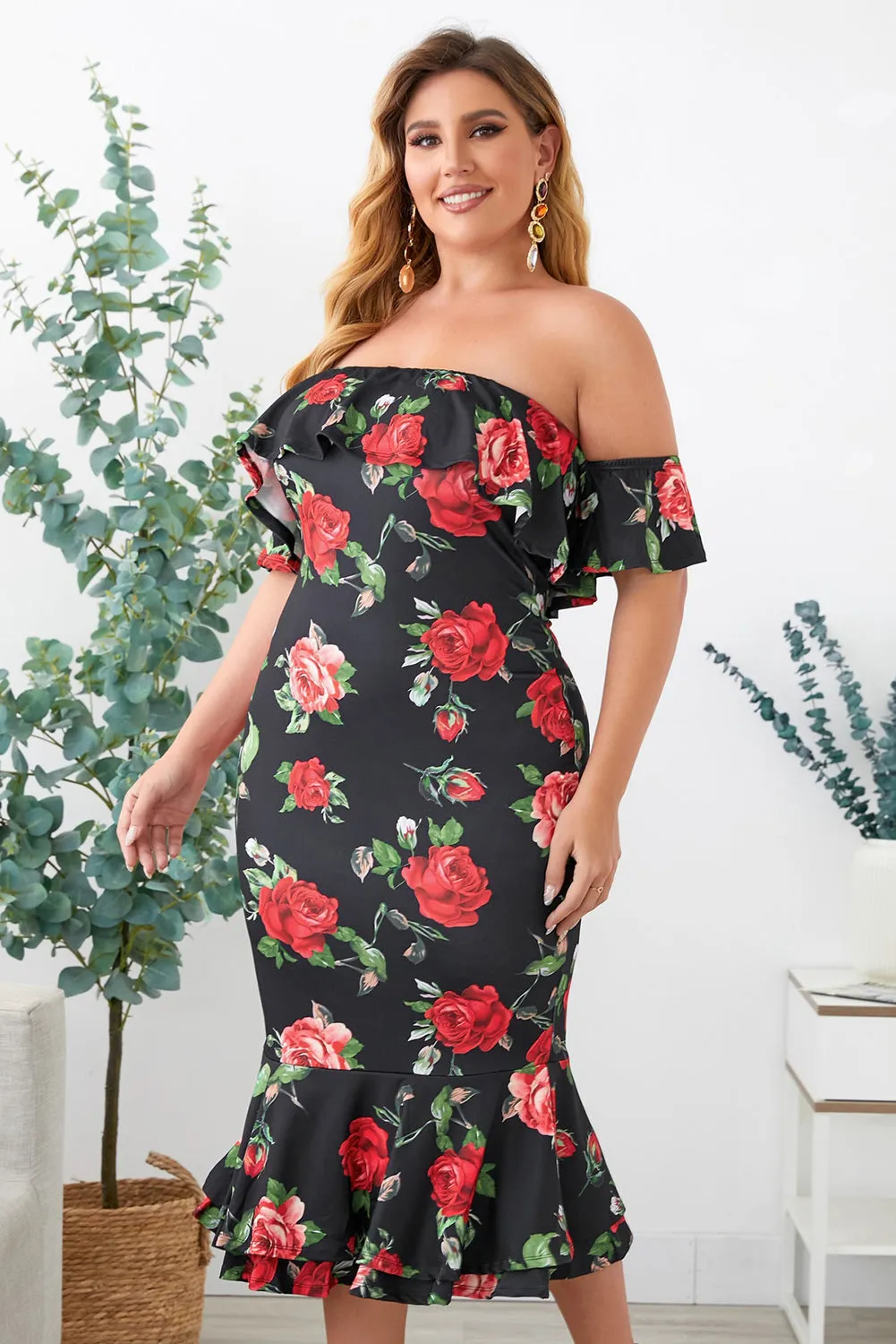 Black Floral Mermaid Plus Size Midi Dress