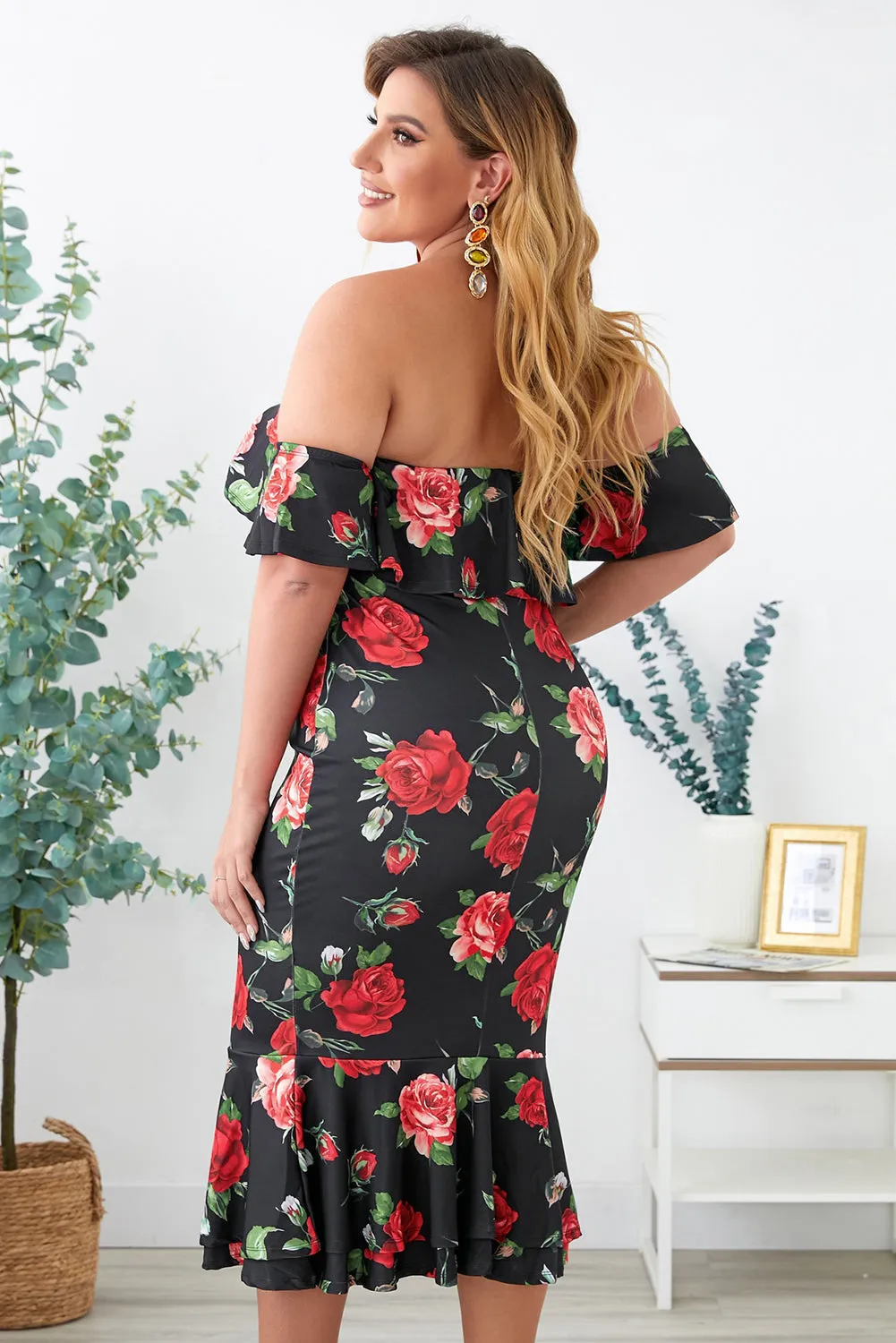Black Floral Mermaid Plus Size Midi Dress