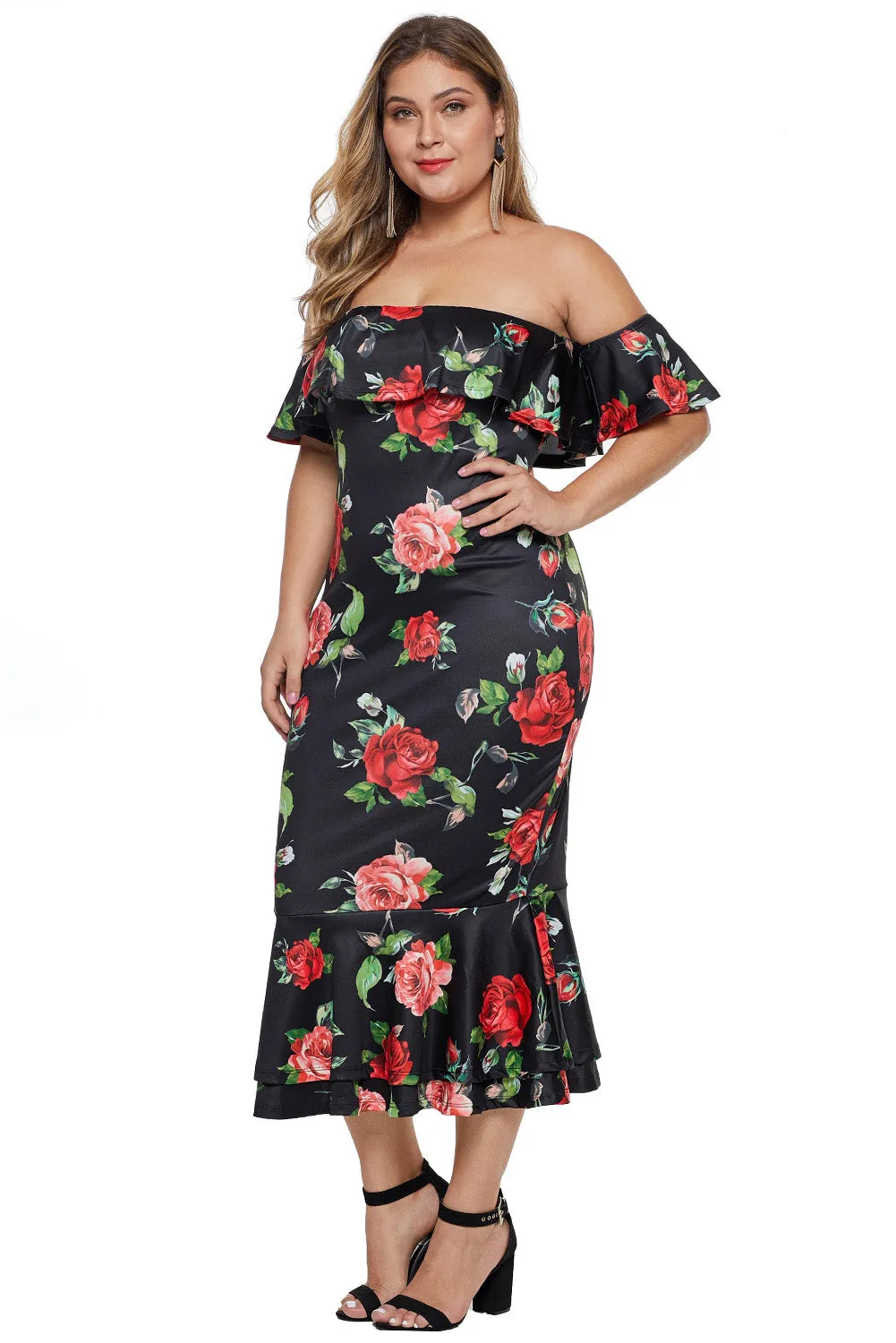 Black Floral Mermaid Plus Size Midi Dress