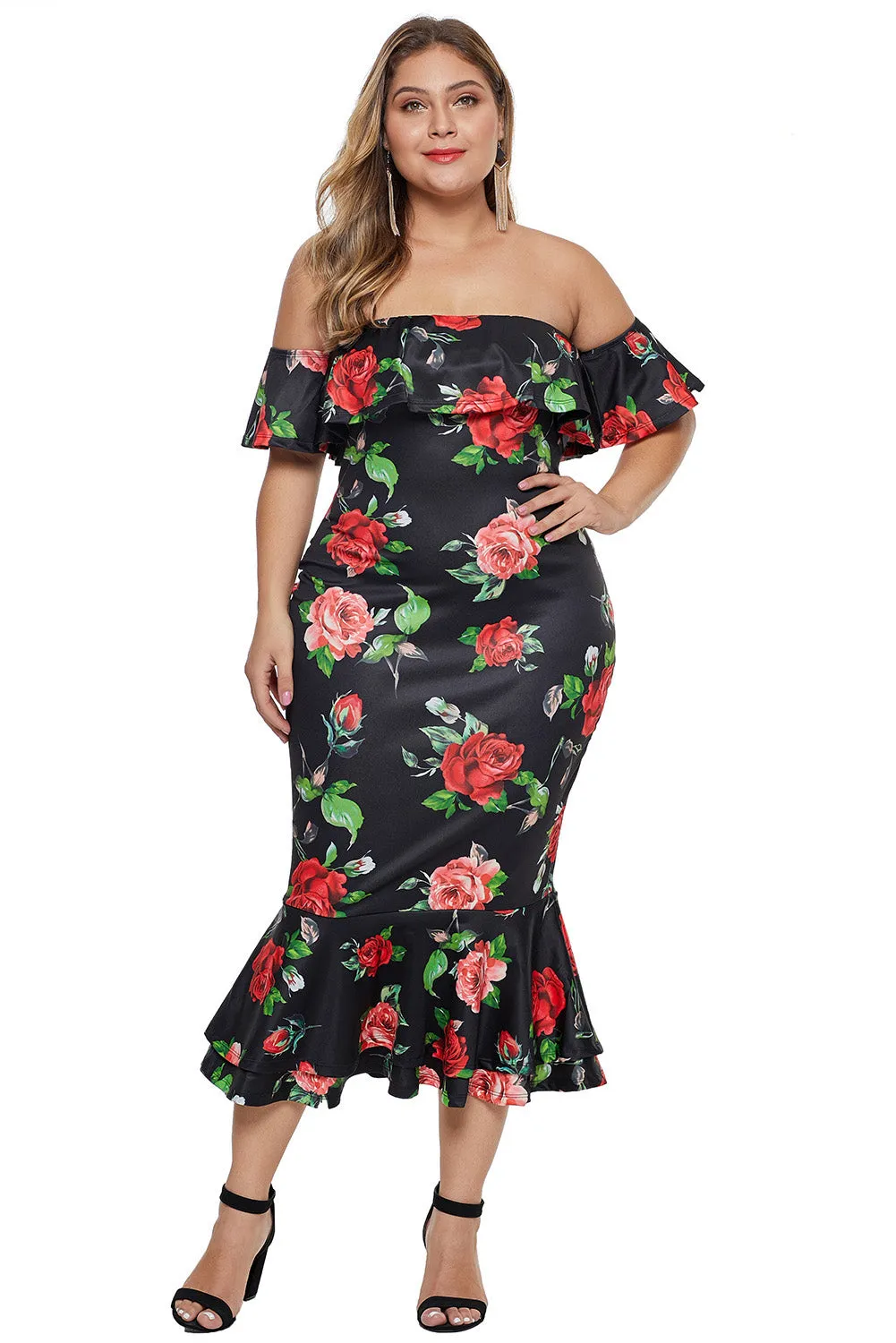 Black Floral Mermaid Plus Size Midi Dress