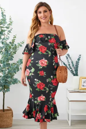 Black Floral Mermaid Plus Size Midi Dress