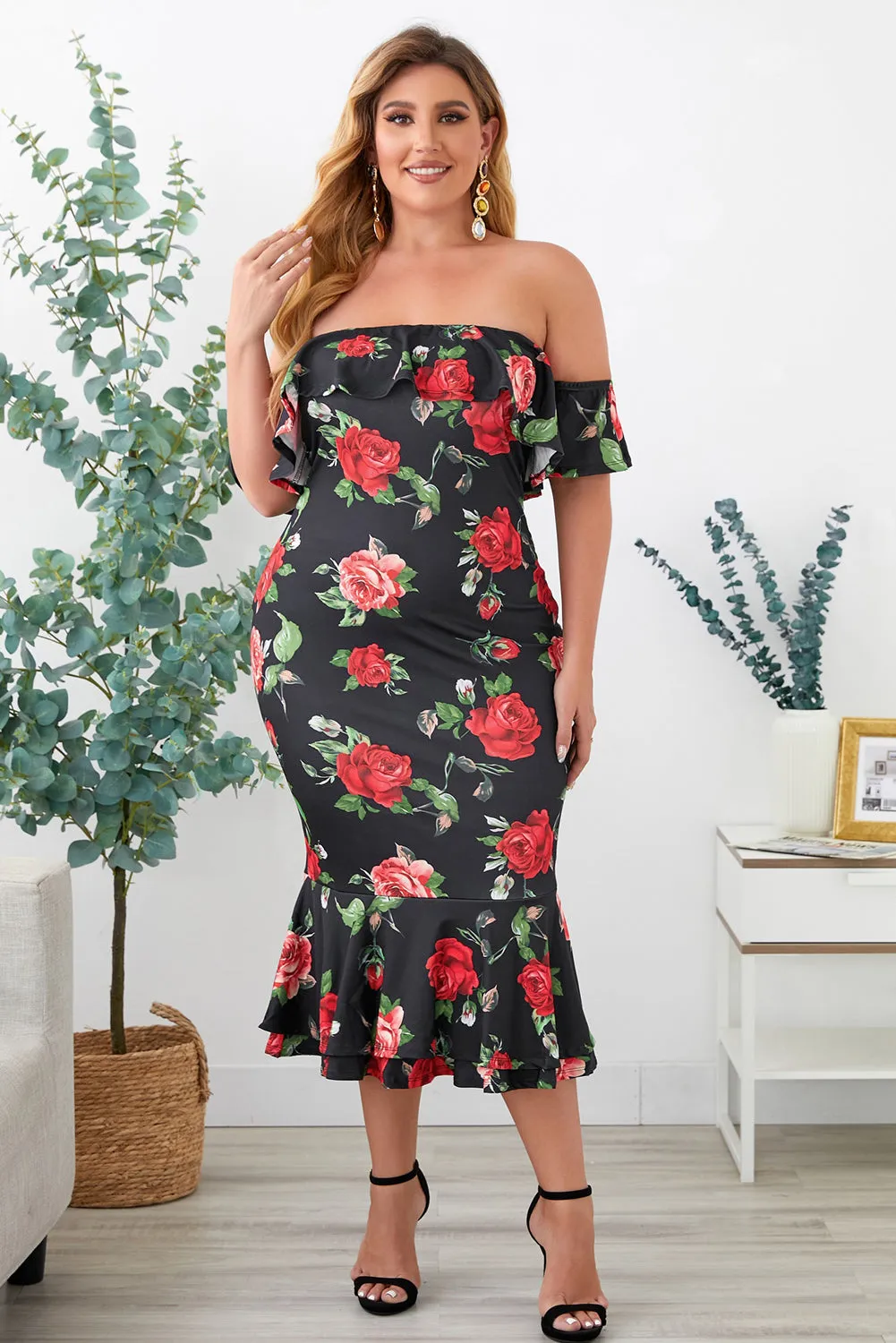 Black Floral Mermaid Plus Size Midi Dress