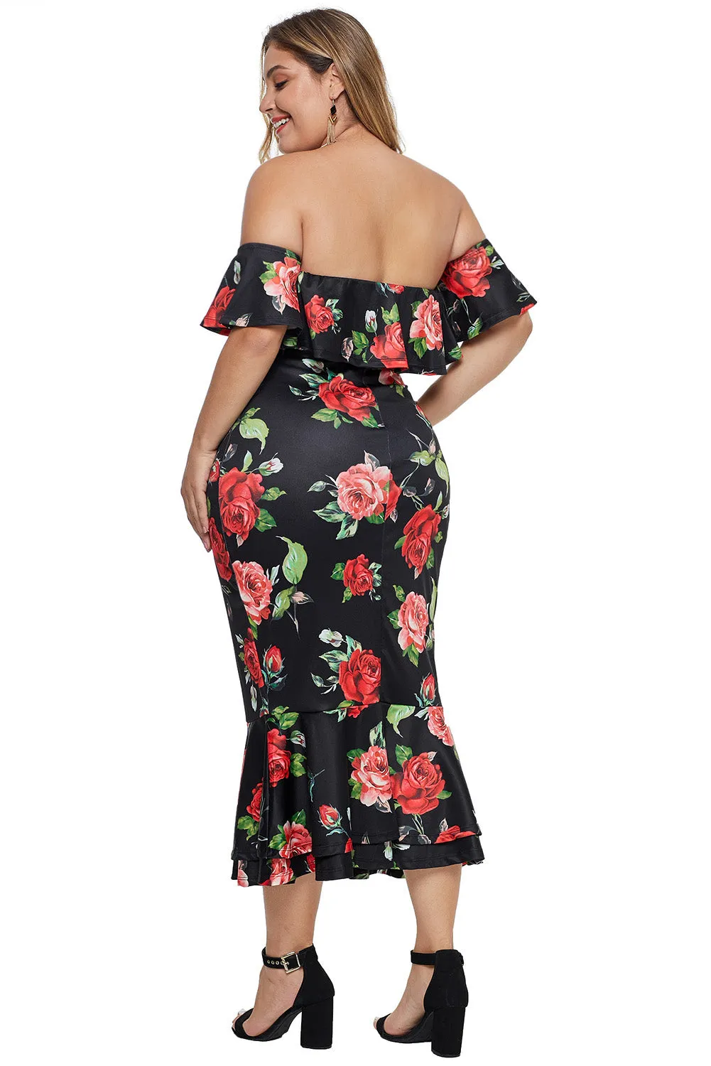 Black Floral Mermaid Plus Size Midi Dress