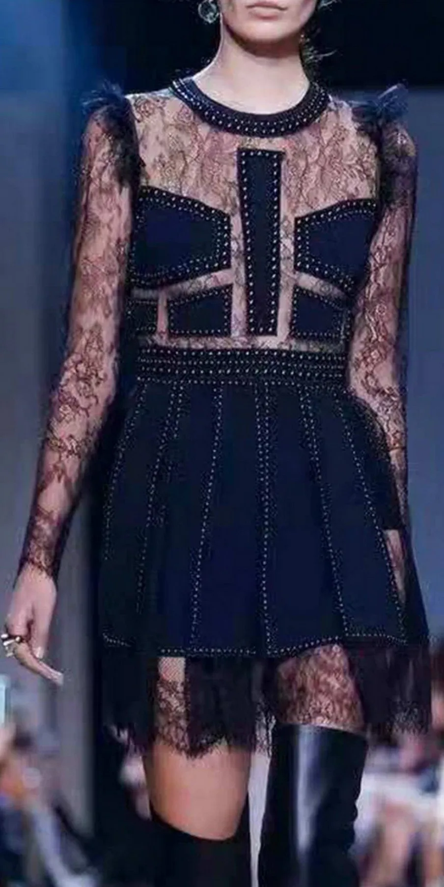 Black Lace Patchwork Beaded Mini Dress