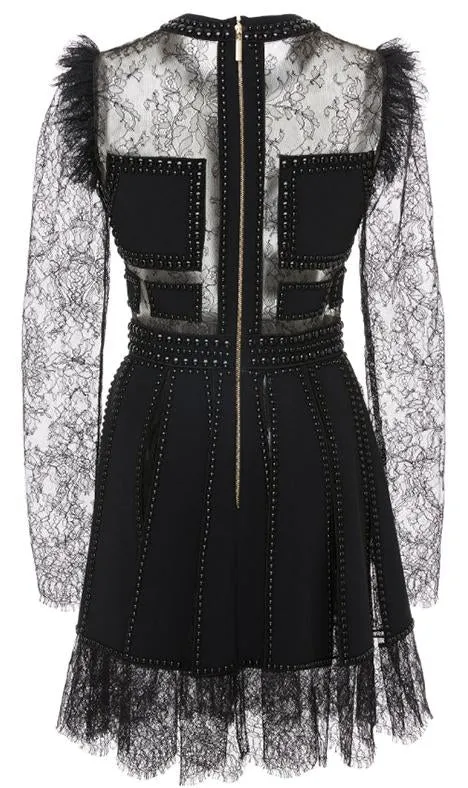 Black Lace Patchwork Beaded Mini Dress