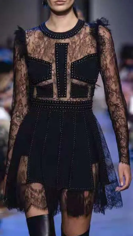 Black Lace Patchwork Beaded Mini Dress