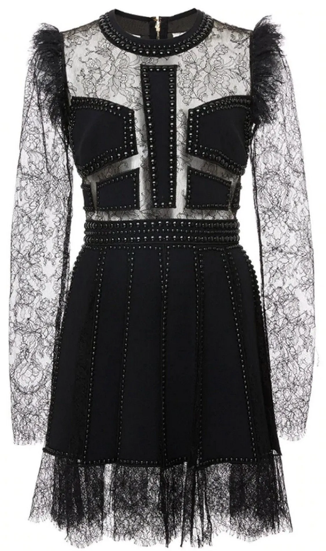 Black Lace Patchwork Beaded Mini Dress