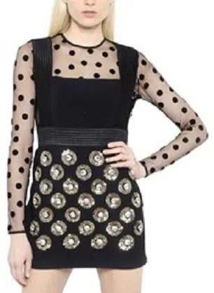 Black Sheer Panel Polka Dot Sequin Dress