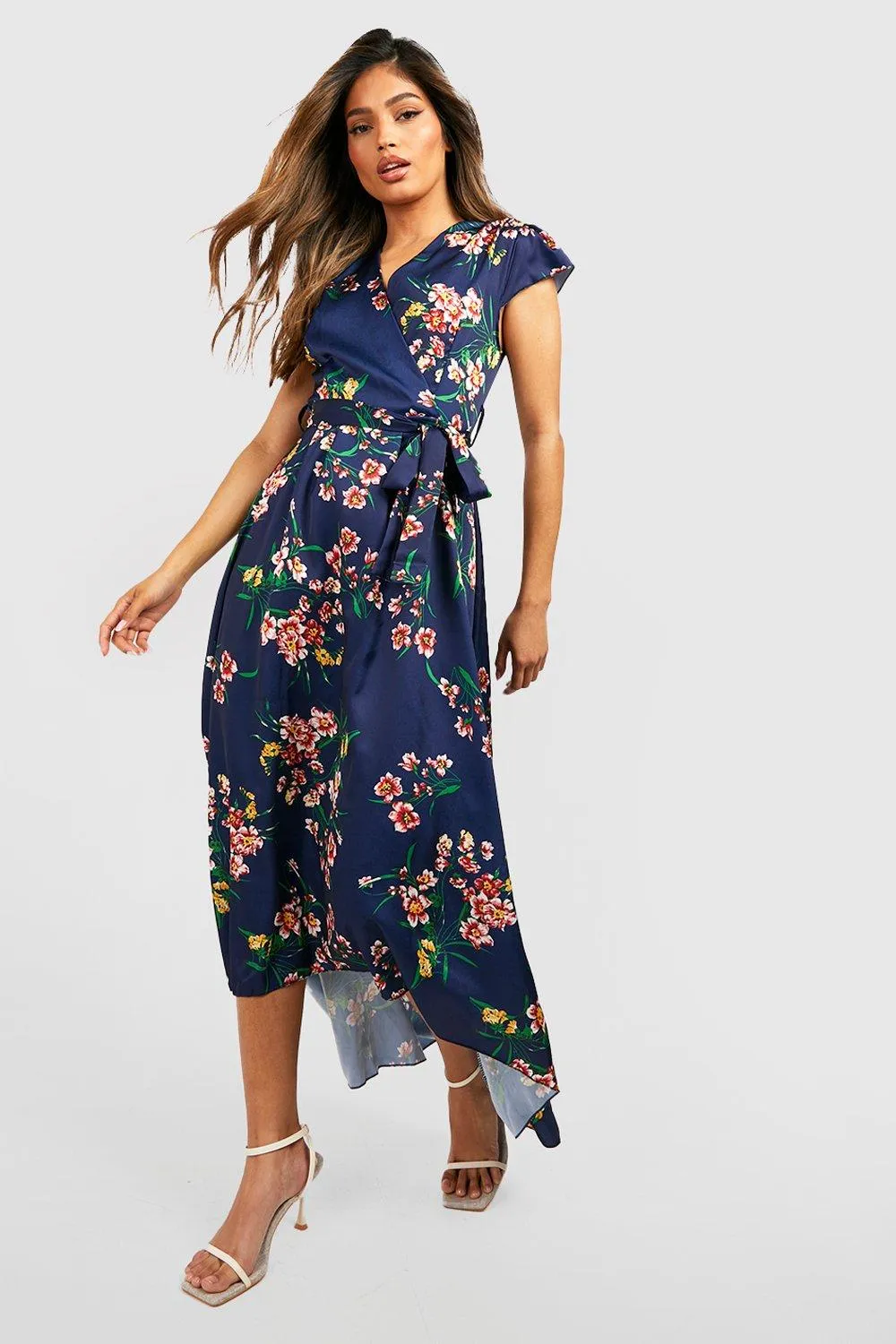 Boohoo Floral Sleeve Tie Waist Midi Dress, Navi