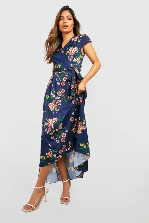 Boohoo Floral Sleeve Tie Waist Midi Dress, Navi