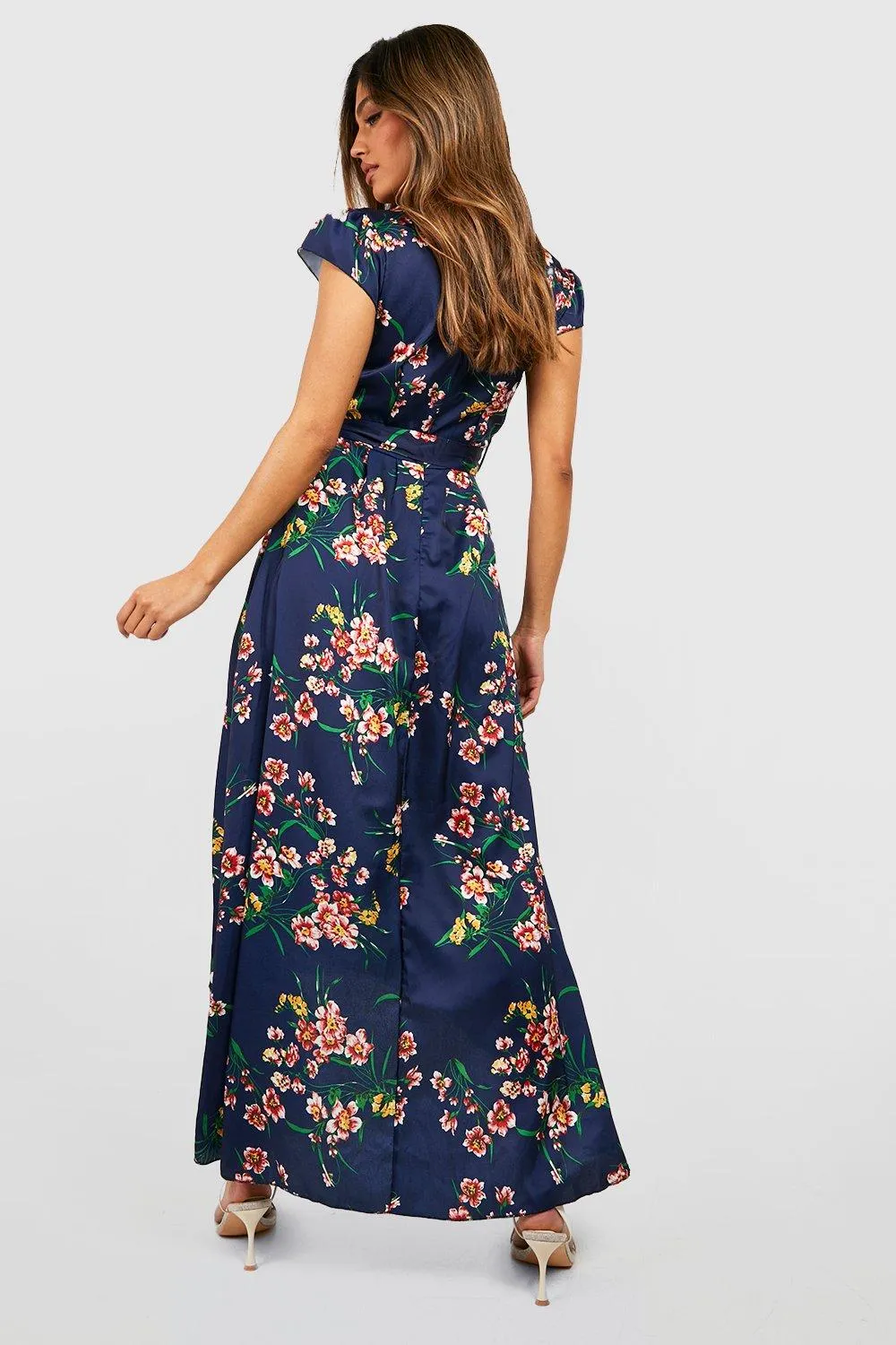 Boohoo Floral Sleeve Tie Waist Midi Dress, Navi