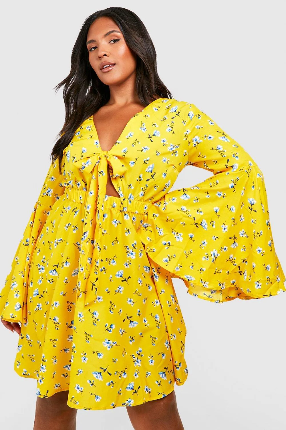 Boohoo Floral Tie Front Sorrow Dress, Yellow