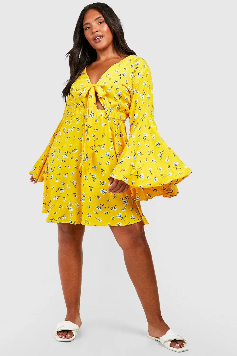 Boohoo Floral Tie Front Sorrow Dress, Yellow