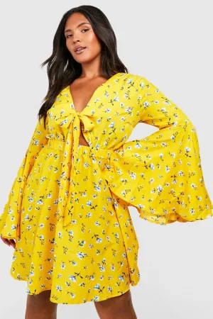 Boohoo Floral Tie Front Sorrow Dress, Yellow