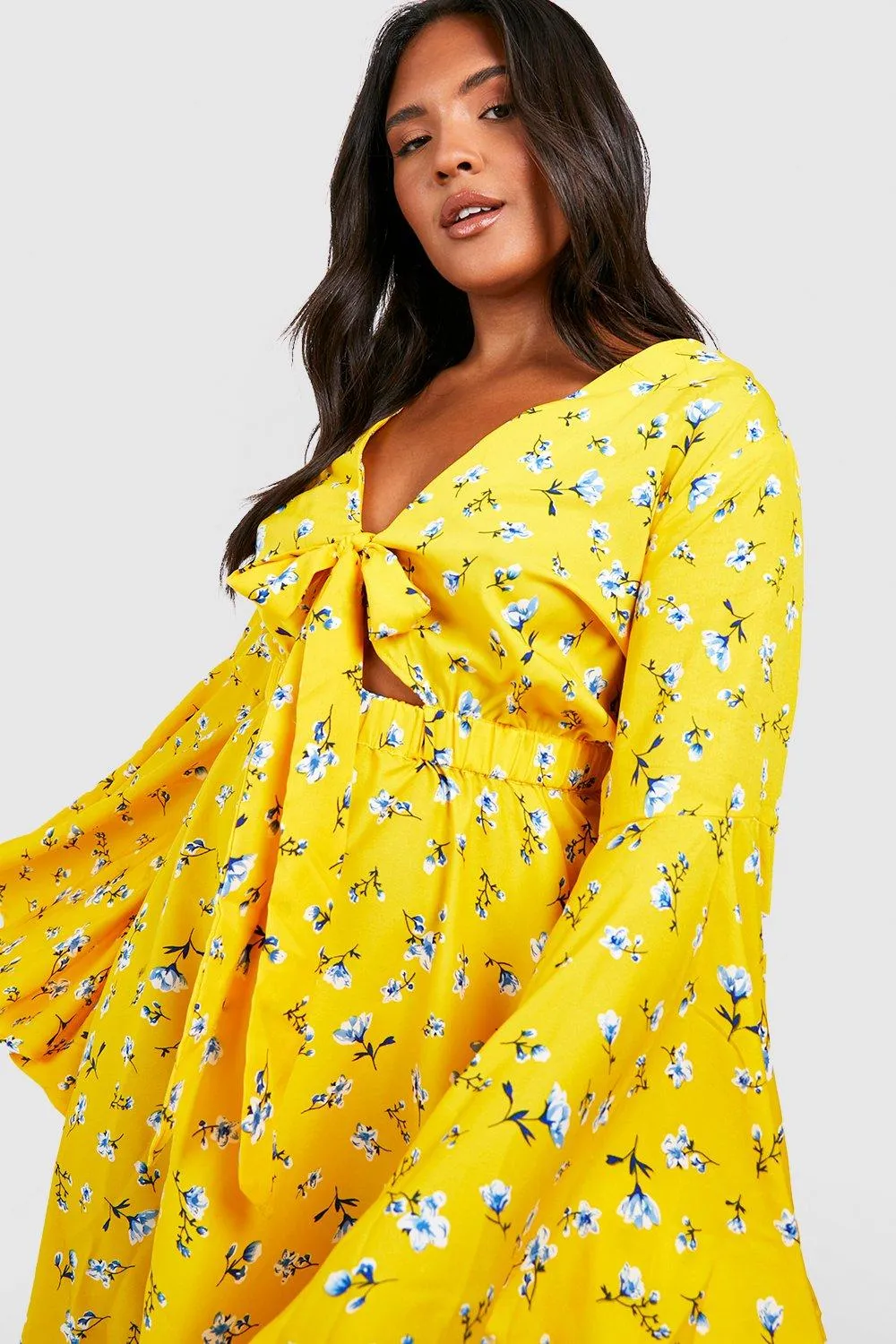 Boohoo Floral Tie Front Sorrow Dress, Yellow