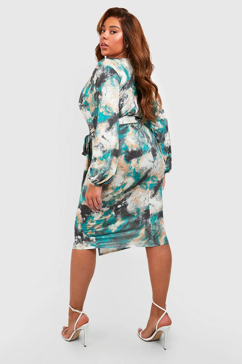 Boohoo plus tie dye midi wrap dress, blue