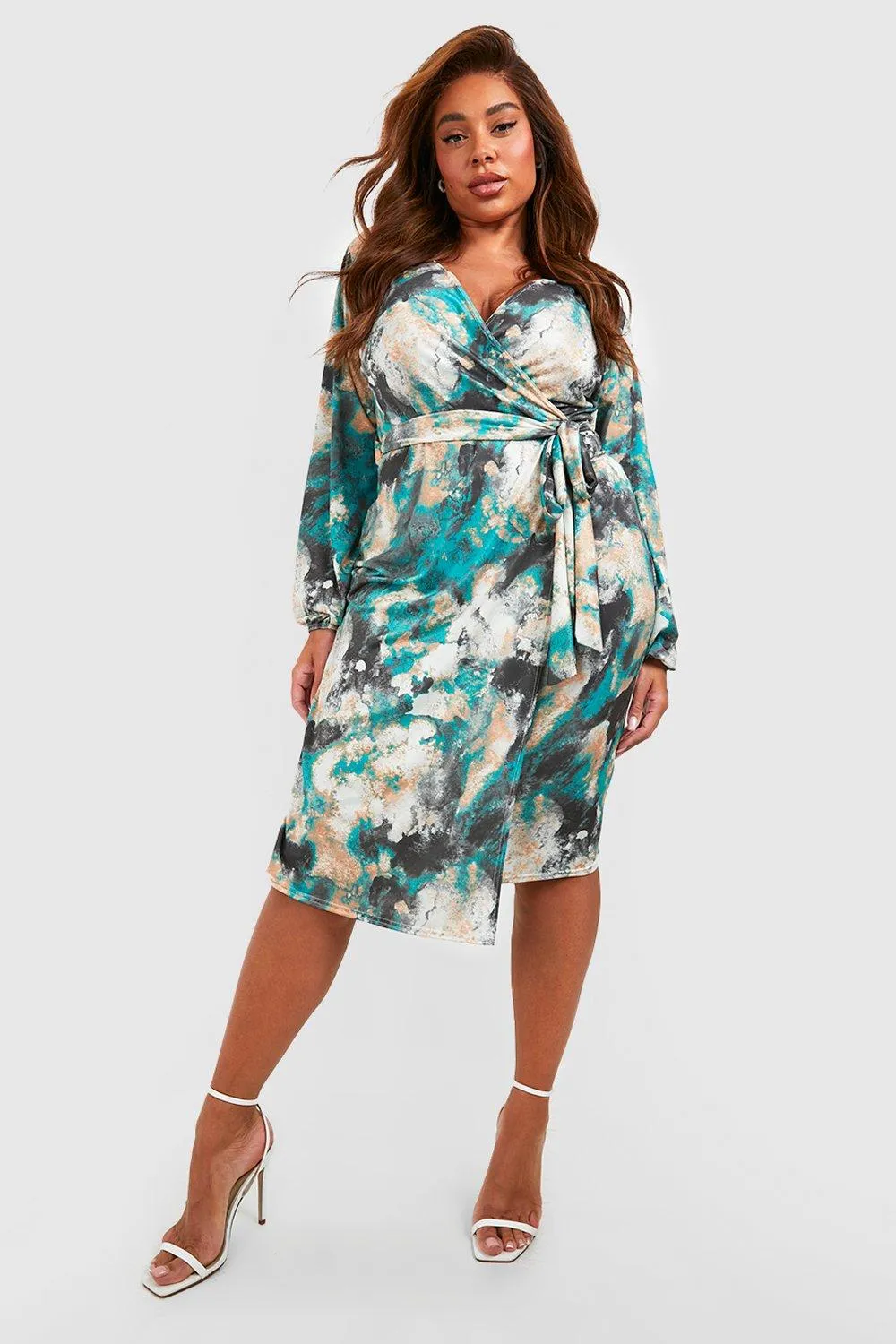 Boohoo plus tie dye midi wrap dress, blue
