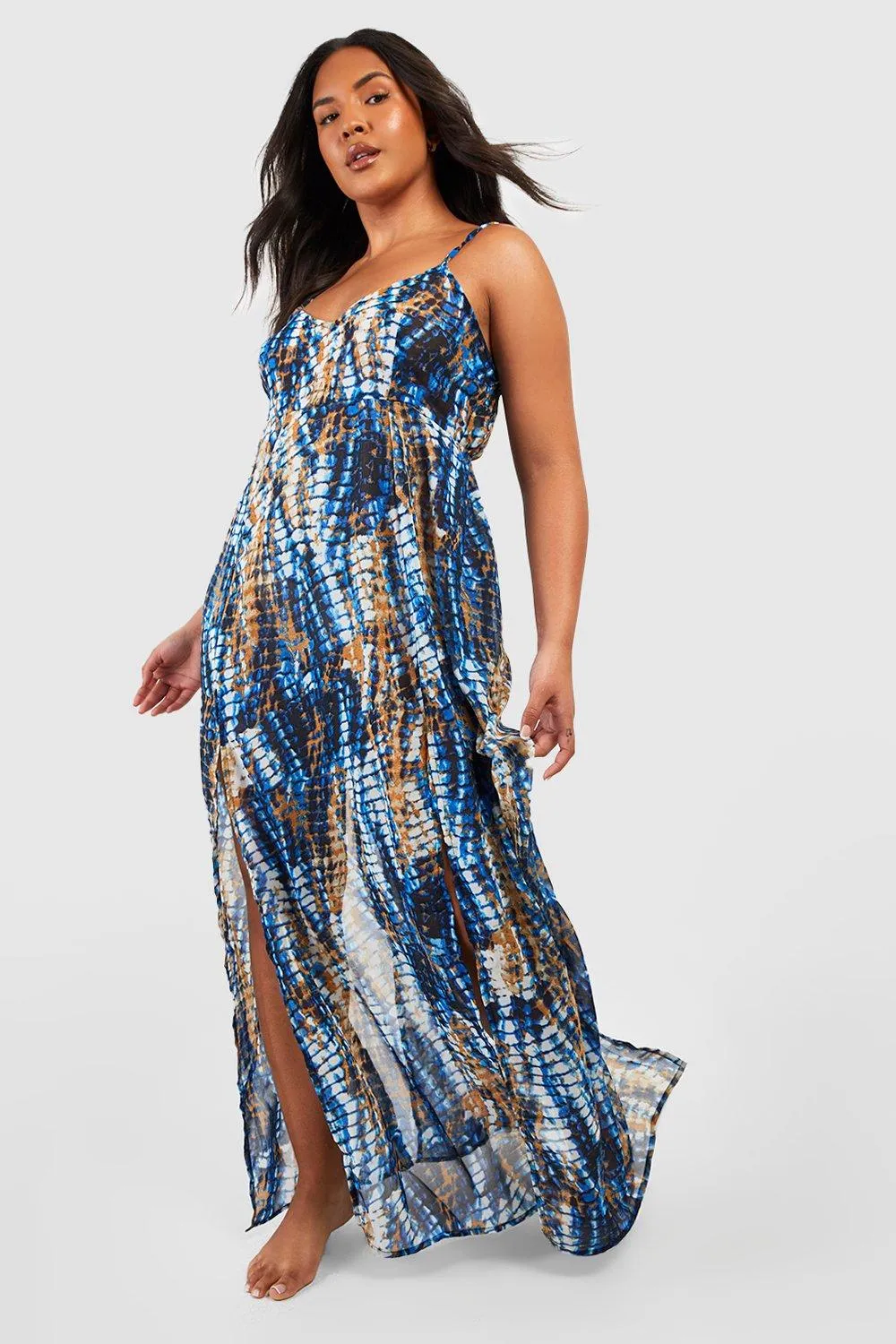 Boohoo tie dye plus maxi beach dress, blue