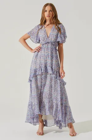 Cherli Floral Lace Up Tiered Ruffle Midi Dress