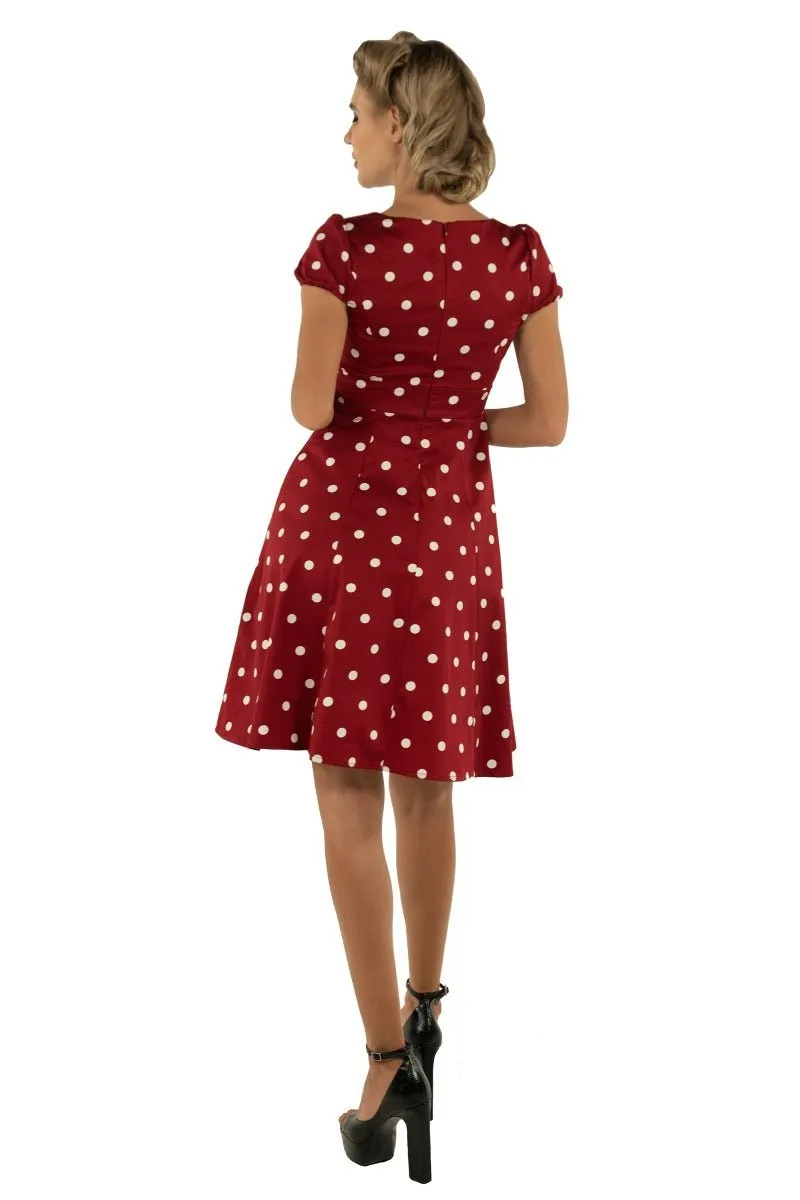 Claudia Fifties Style Polka Dot Dress In Burgundy-White