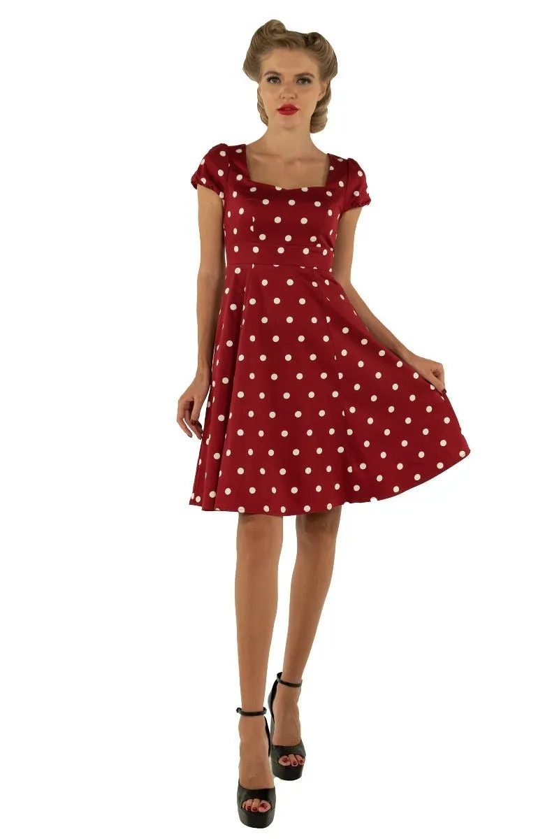 Claudia Fifties Style Polka Dot Dress In Burgundy-White