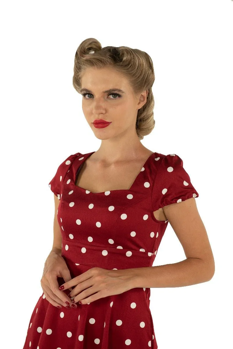Claudia Fifties Style Polka Dot Dress In Burgundy-White