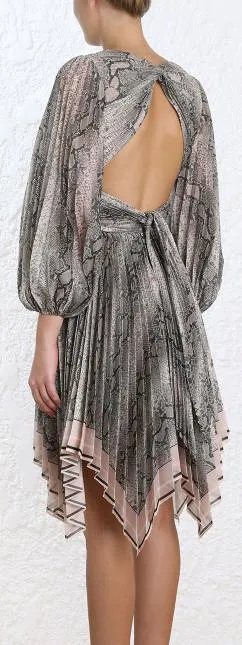 Corsage Pleat Python Mini Dress, Grey