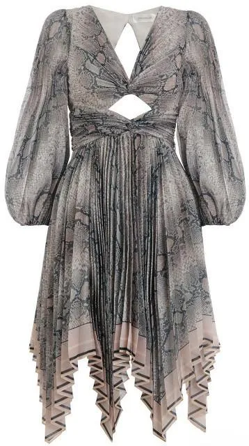 Corsage Pleat Python Mini Dress, Grey