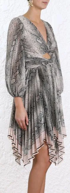 Corsage Pleat Python Mini Dress, Grey