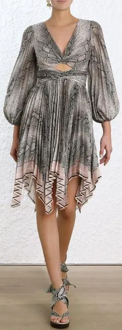Corsage Pleat Python Mini Dress, Grey