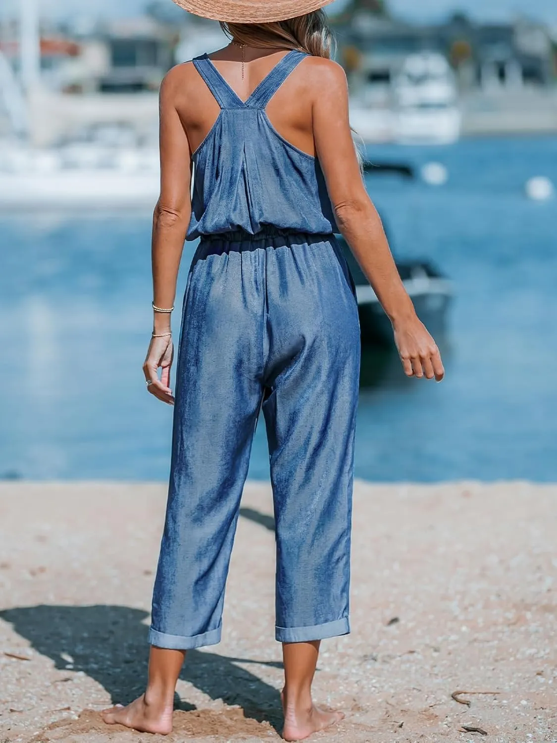 CUPSHE Women's Casual Sleeveless Scoop Neck Button Down Overalls With Pockets