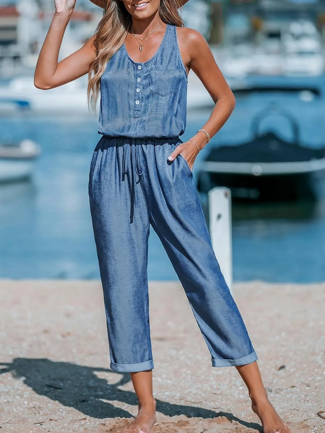 CUPSHE Women's Casual Sleeveless Scoop Neck Button Down Overalls With Pockets