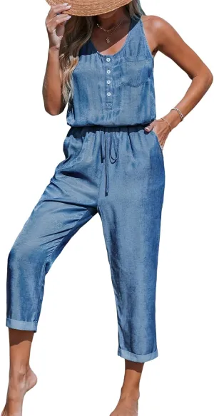 CUPSHE Women's Casual Sleeveless Scoop Neck Button Down Overalls With Pockets