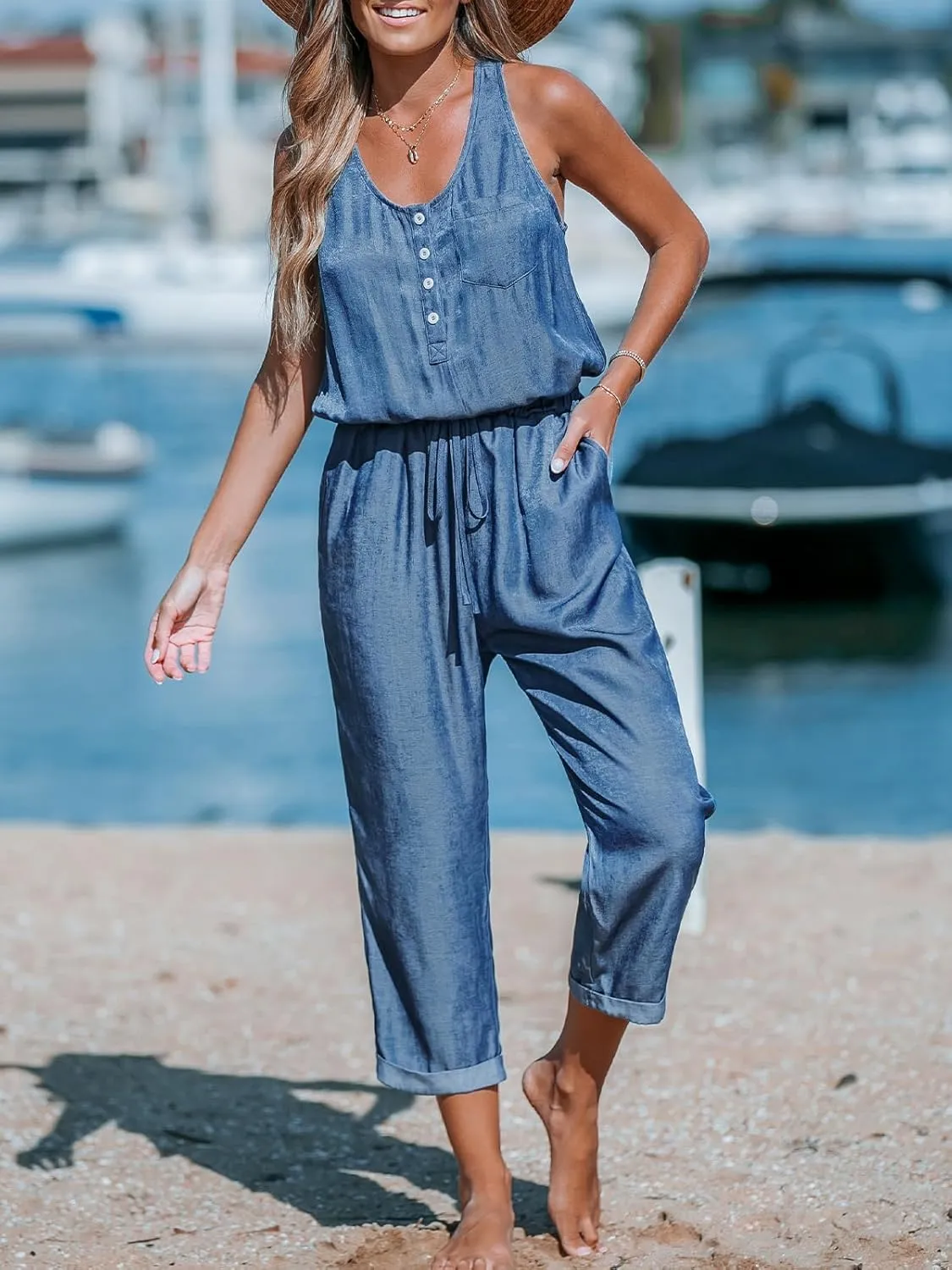 CUPSHE Women's Casual Sleeveless Scoop Neck Button Down Overalls With Pockets