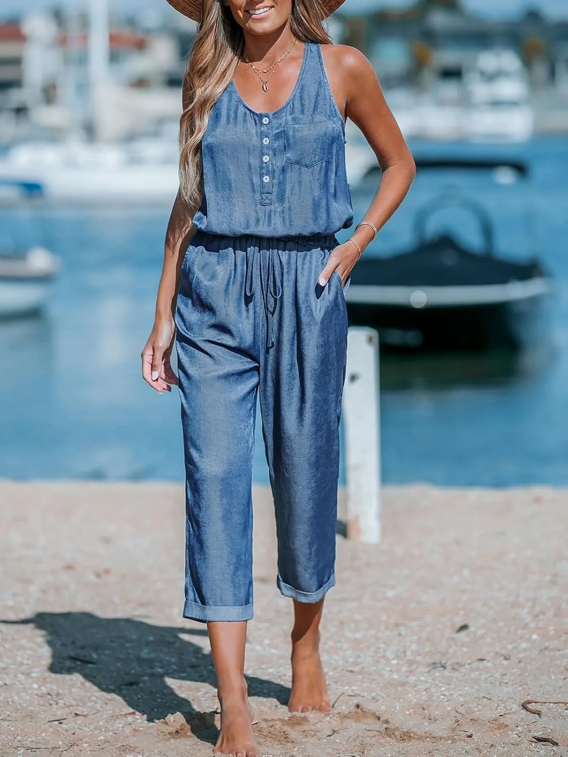 CUPSHE Women's Casual Sleeveless Scoop Neck Button Down Overalls With Pockets