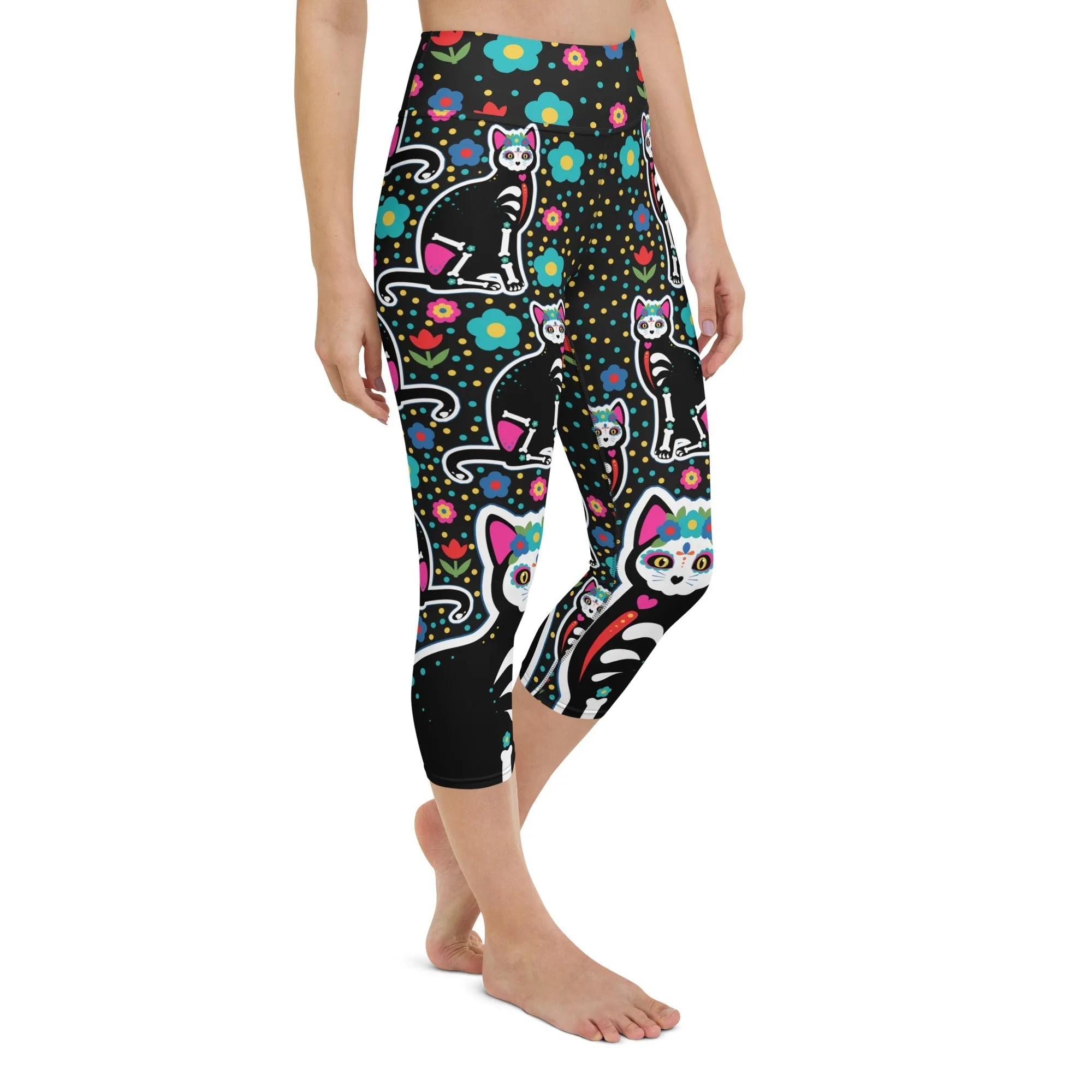 Day of the Dead Cat Print Yoga Capris
