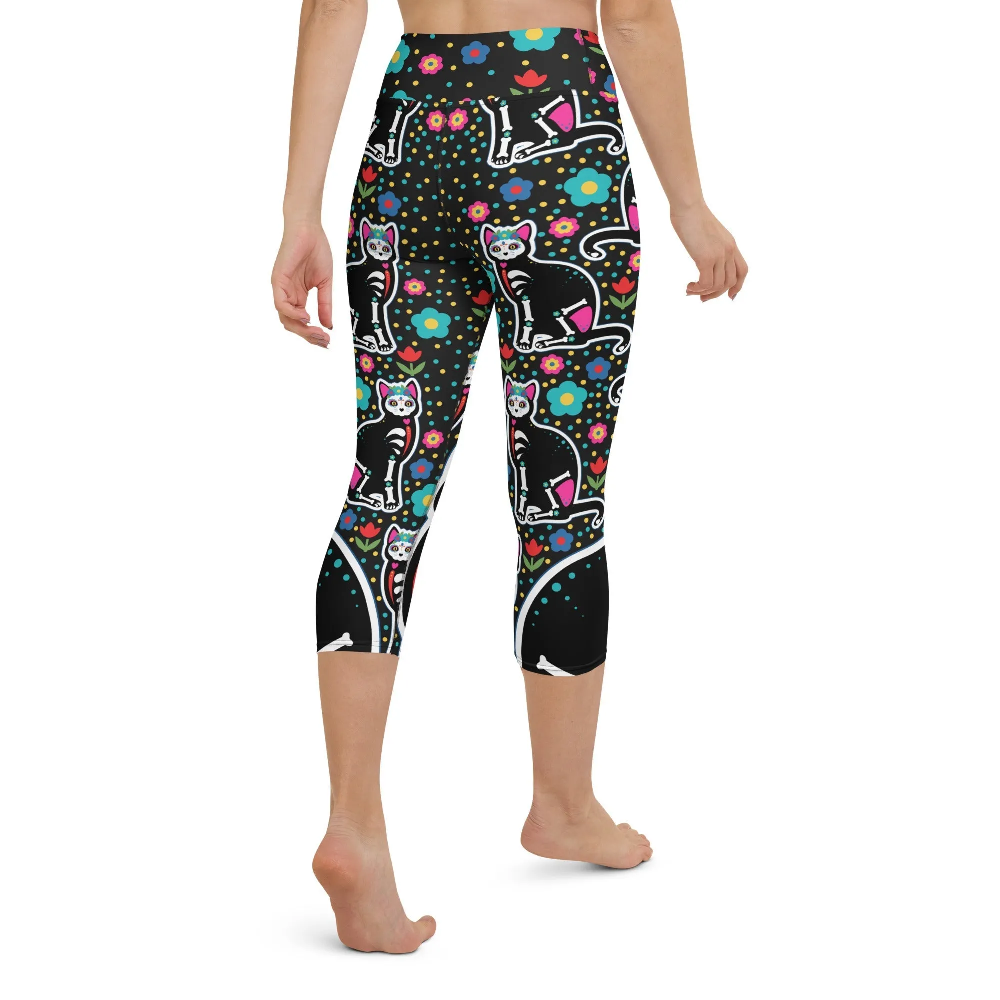 Day of the Dead Cat Print Yoga Capris