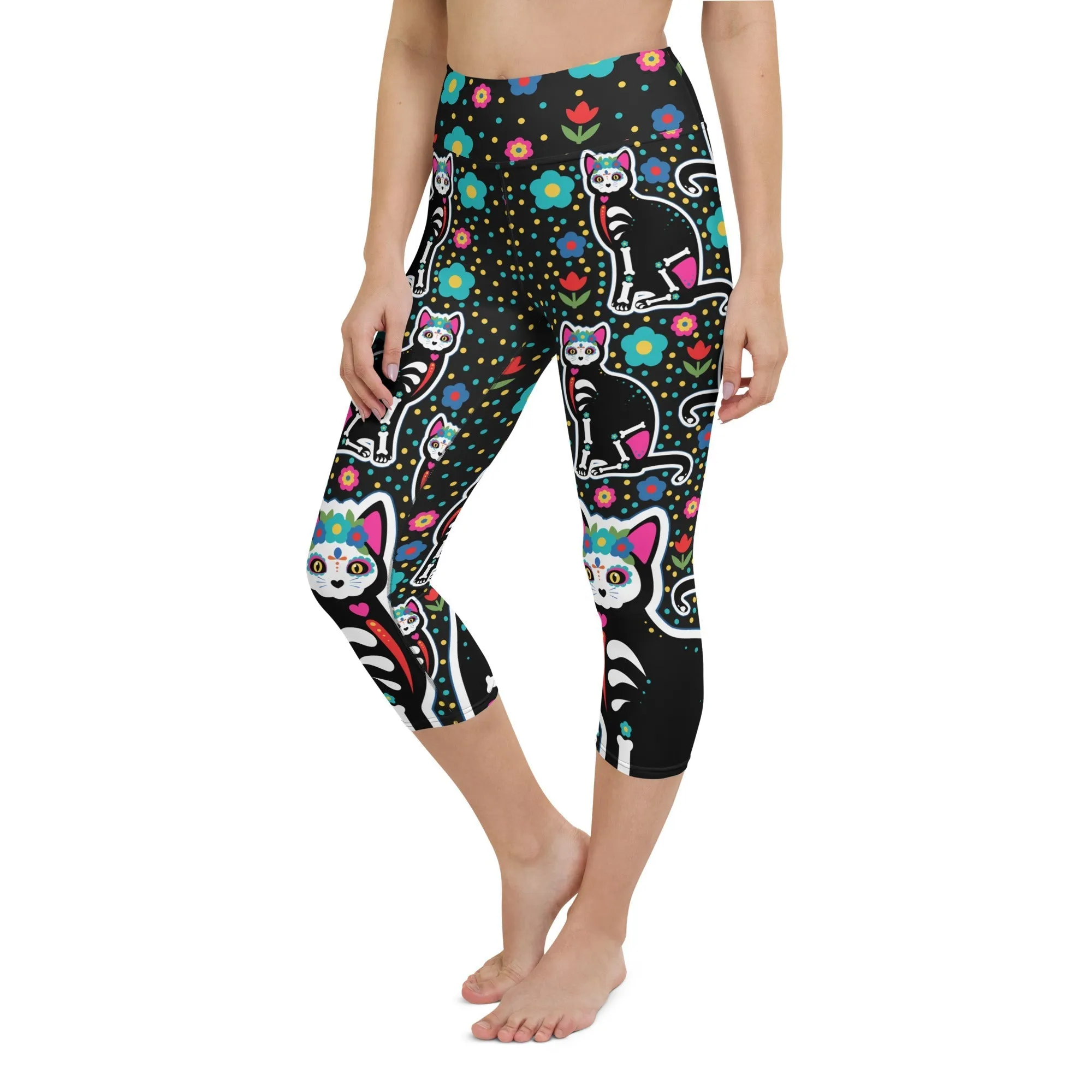 Day of the Dead Cat Print Yoga Capris
