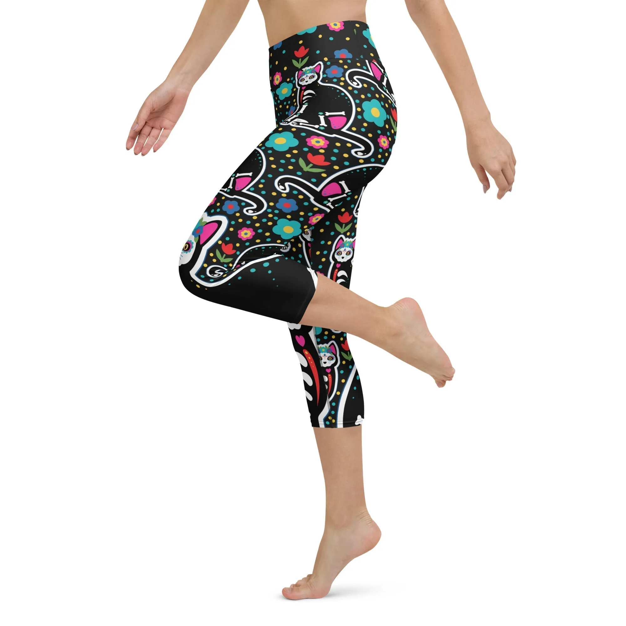Day of the Dead Cat Print Yoga Capris